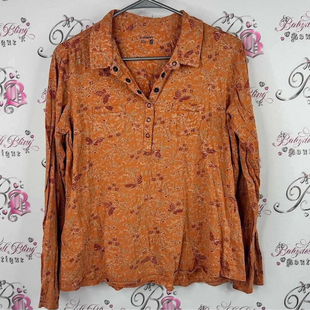 Ruff Hewn Rust Floral Button-Up Blouse Long Sleeves Comfy Stretchy Flowers
